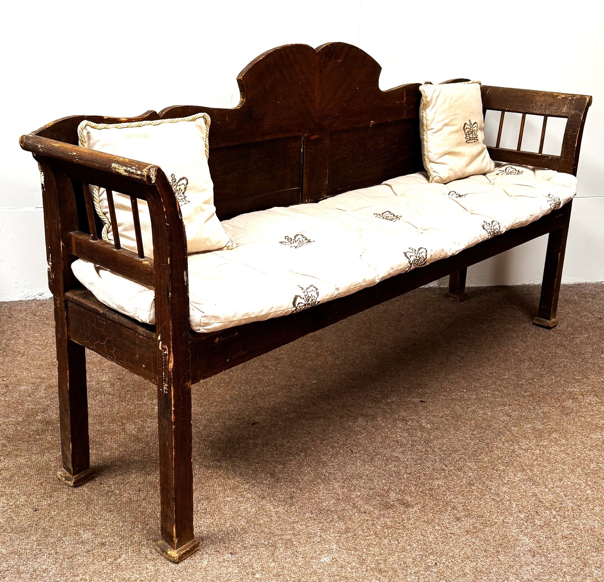 A Scandinavian style hall bench, 18th century style, with fretwork cut ...