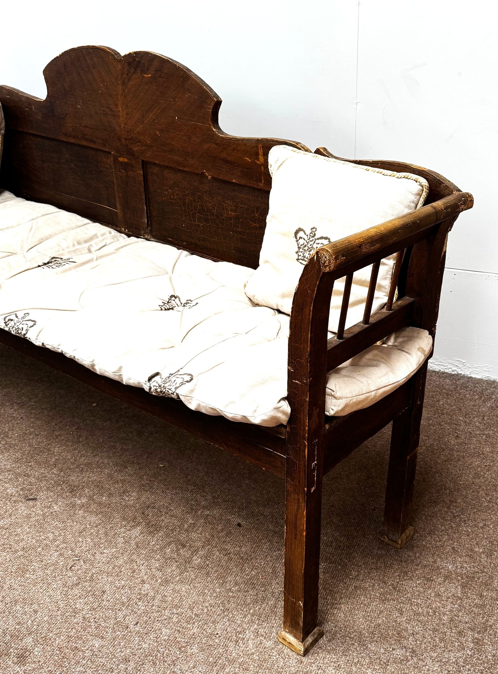 A Scandinavian style hall bench, 18th century style, with fretwork cut ...