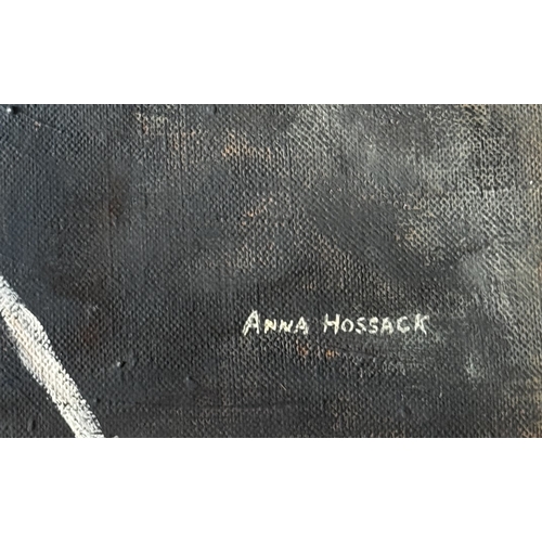 5 - An oil on canvas by Anna Hossack, depicting a harbour scene with boats and coastal buildings.