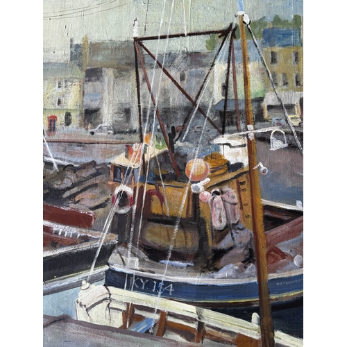 5 - An oil on canvas by Anna Hossack, depicting a harbour scene with boats and coastal buildings.