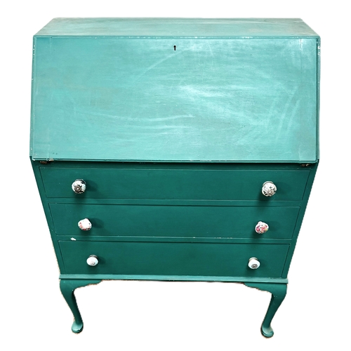14 - A 1930s bureau,painted green with decorative brassware,W77cm x H103cm x D44cm