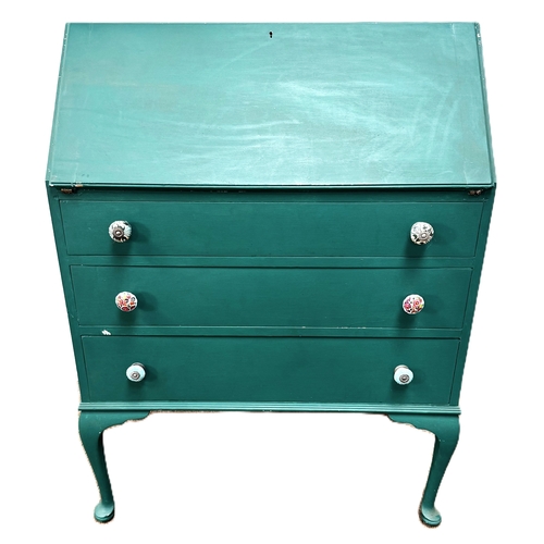14 - A 1930s bureau,painted green with decorative brassware,W77cm x H103cm x D44cm