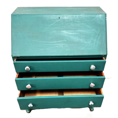 14 - A 1930s bureau,painted green with decorative brassware,W77cm x H103cm x D44cm