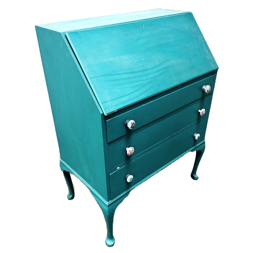 14 - A 1930s bureau,painted green with decorative brassware,W77cm x H103cm x D44cm