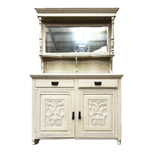27 - A late Victorian mirror backed sideboard, later painted white, with arrangement of drawers and cabin... 