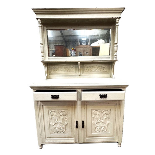 27 - A late Victorian mirror backed sideboard, later painted white, with arrangement of drawers and cabin... 
