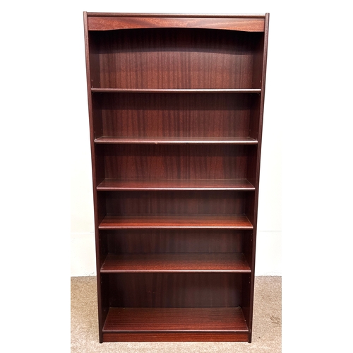 31 - A handy 'mahogany' varnished open bookcase with five fixed shelves; 181cm high, 90cm width, 28cm dep... 