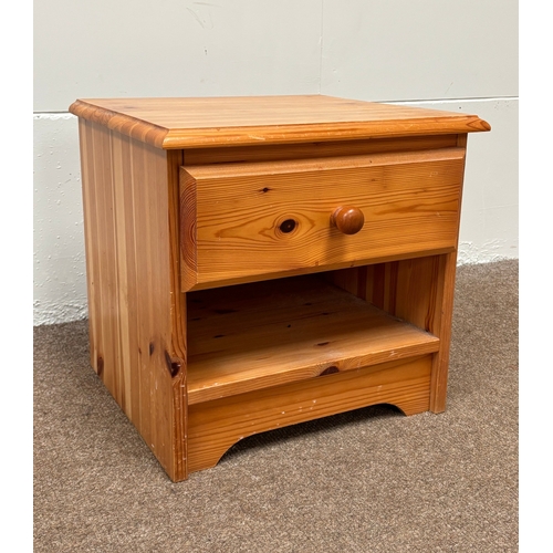 32 - A modern pine two door wardrobe; with a small bedside chest (2).Wardrobe; 186cm high, 102cm width, 5... 