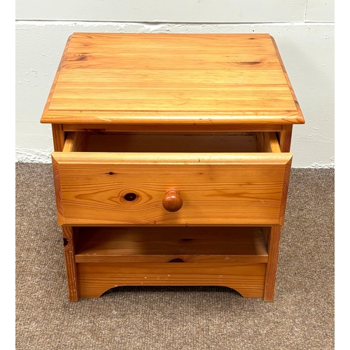 32 - A modern pine two door wardrobe; with a small bedside chest (2).Wardrobe; 186cm high, 102cm width, 5... 