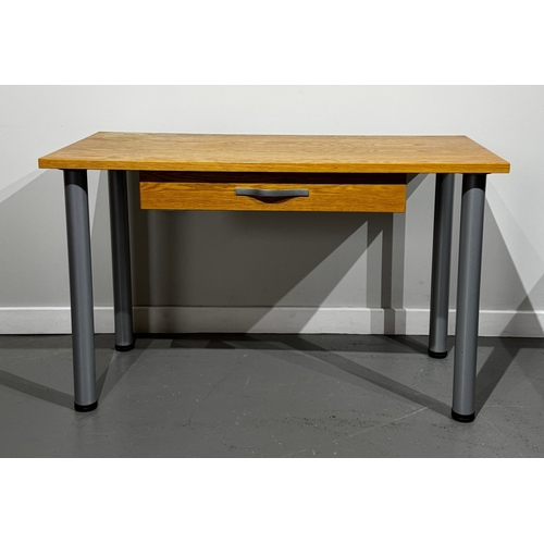 34 - Two modern writing tables and chairs. Long desk measures; 74cm high, 120cm width, 58cm depth; short ... 