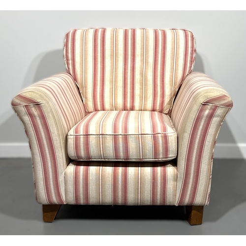 35 - Pink and white modern armchair; 85cm high, 94cm width, 92cm depth.