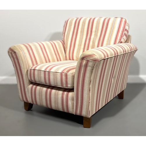 35 - Pink and white modern armchair; 85cm high, 94cm width, 92cm depth.