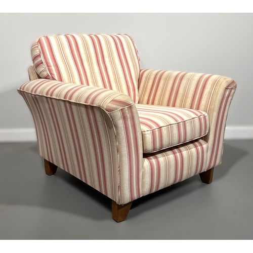 35 - Pink and white modern armchair; 85cm high, 94cm width, 92cm depth.