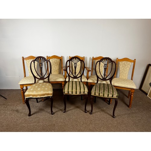 37 - Five modern pine framed chairs, including an armchair, also three late Victorian dining chairs (8).