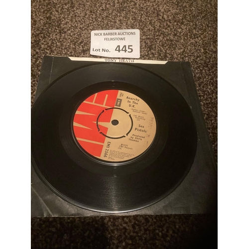 445 - Records : SEX PISTOLS - Anarchy In The UK on EMI EMI2566 with misprint of Chris Thomas producer on A... 