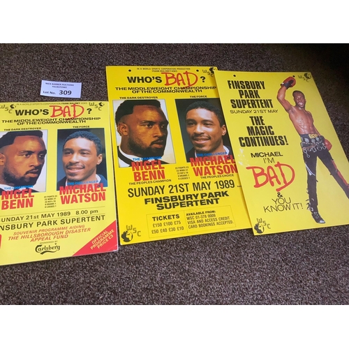 309 - Boxing : Who's Bad - Nigel Benn v Michael Watson 21/05/1989 - programme & 2 small card advertising i... 