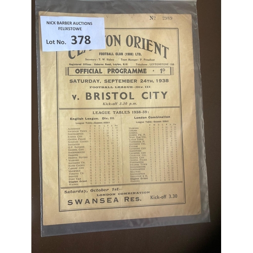 378 - Football : Clapton Orient v Bristol City Div 3 - 4 page flimsy prog - good cond 24/09/1938