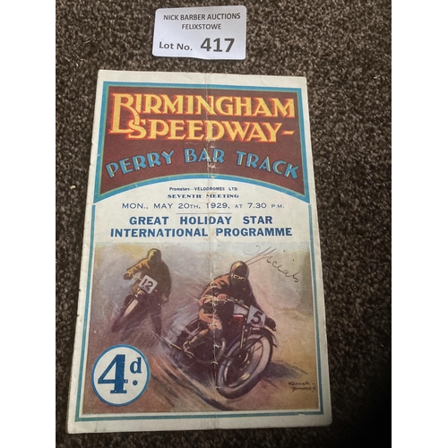 417 - Speedway : Birmingham Perry Barr - Holiday Star Intl programme 20/05/1929 - 12 pages creased middle ... 