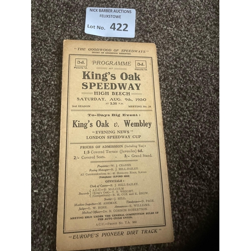 422 - Speedway : King's Oak v Wembley - London Cup 8 page fold out card - in great condition 09/08/1930