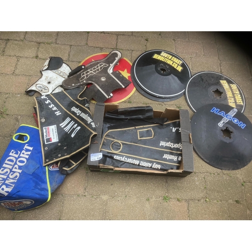 440 - Speedway : Collection of equipment in back wheel spoilers, bike covers, fork covers etc in box