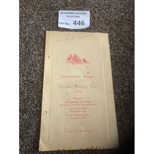 446 - Speedway : Wembley Speedway 1932 - Celebration Dinner Menu 25/10/1932 fully signed inside front cove... 