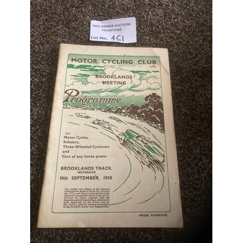 451 - Motor Cycling : Brooklands - motorcycling race meeting programme 10/09/1938 in fine condition