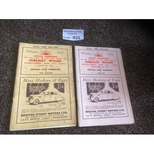 455 - Motor Racing : Shelsley Walsh Hill Climb Intl programmes 05/06/1937 & 11/09/1937 both items in great... 