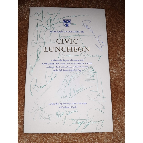 456 - Football : Colchester Utd - Civic Lunch menu in recognition of Leeds victory FA Cup 1971 - fully sig... 