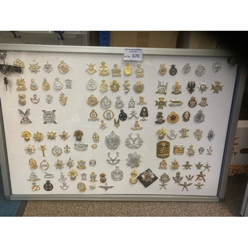 670 - Collectables : Militaria 2 display cabinets of military badges old & new - over 200 badges