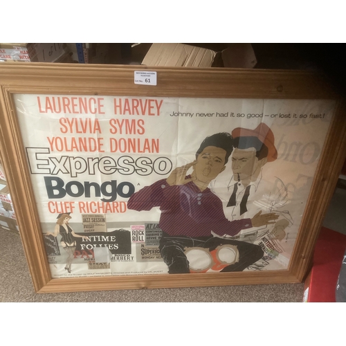 61 - Poster : Expresso Bongo - Cliff Richard original poster - quad - framed 1960s (Again poster will be ... 