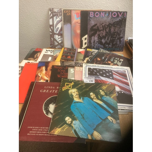 136 - Records : Box of albums (60+) conditions decent varied lot but good names inc Bon Jovi, Mungo Jerry,... 