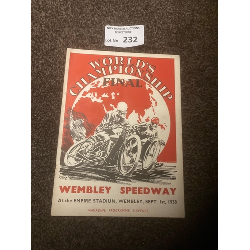 232 - Speedway : Wembley - World Final programme 01/09/1938 - superb condition item - 20 pages