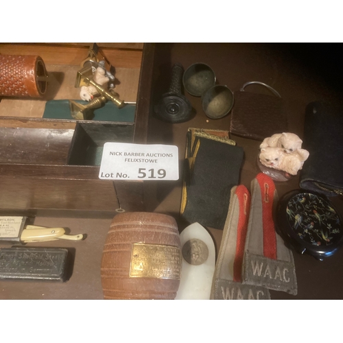 519 - Collectables : Large wooden box with various vintage items within inc small item re HMS Ganges