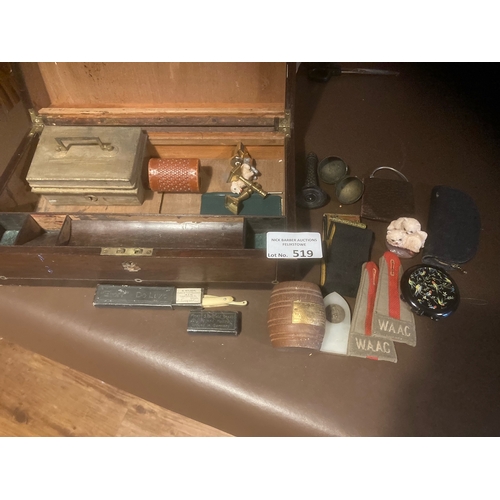 519 - Collectables : Large wooden box with various vintage items within inc small item re HMS Ganges