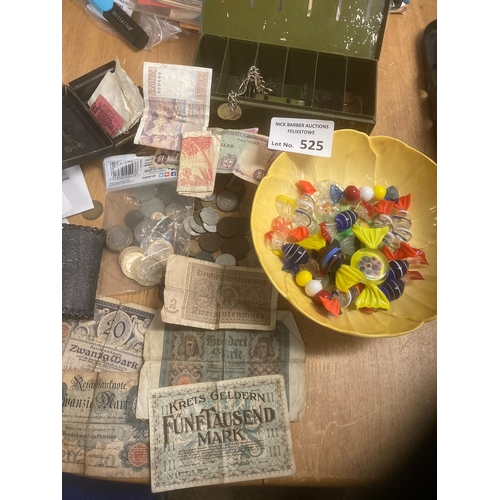 525 - Collectables : Mixed lot inc coins & £2 coins banknotes & an interesting tray of sweets vint... 