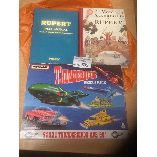 535 - Collectables : mixed lot inc Thunderbirds Matchbox Rescue Pack & 2 repro Rupert albums in good c... 