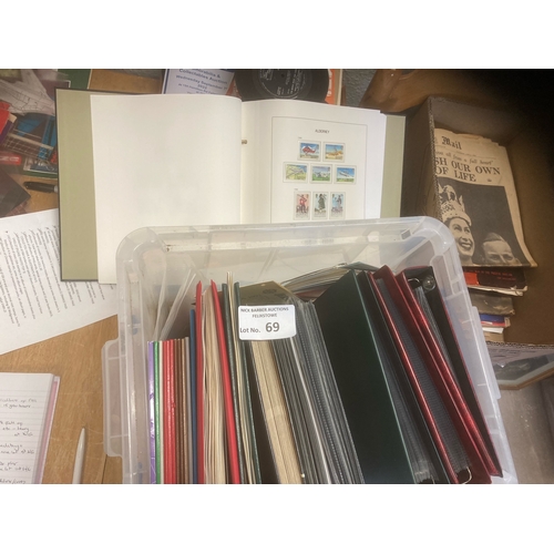 69 - Stamps : Large box of empty stamp albums/covers etc - includes Alderney - Davo with stamps within