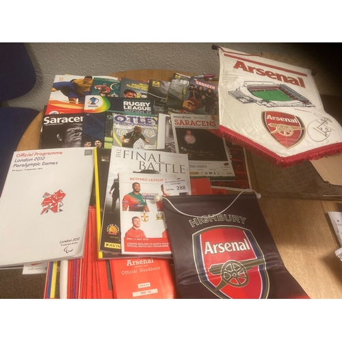 288 - Football : Good box of Intls/finals - Arsenal Handbooks , gun flash et - heavy box inc Rugby, Athlet... 