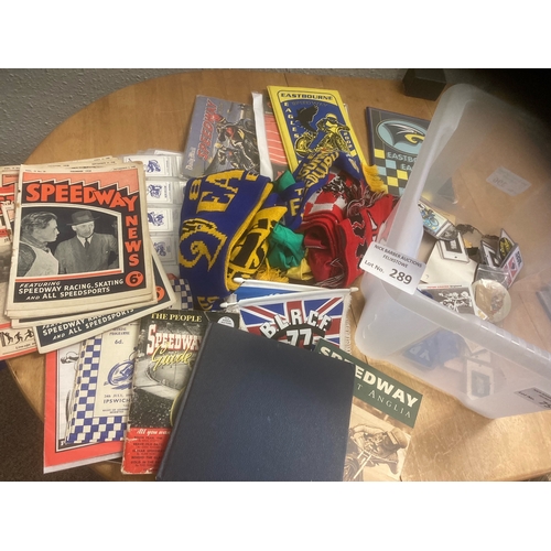 289 - Speedway : Box of various memorabilia ephemera 1940s onwards progs, books, magazines etc (crate)