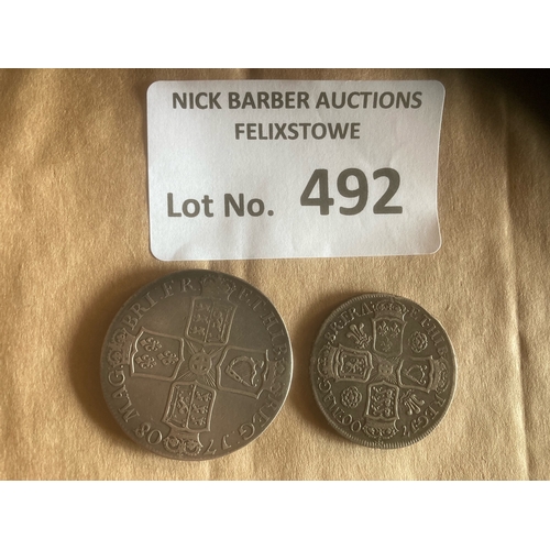 492 - Coins : GB Queen Anne - half crown 1706 & crown 1708 rare & reasonable condition