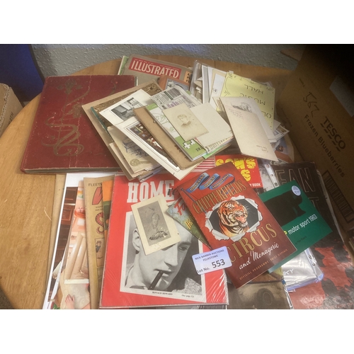 553 - Collectables : Box of ephemera inc cards, magazines, glamour photos etc - big lot