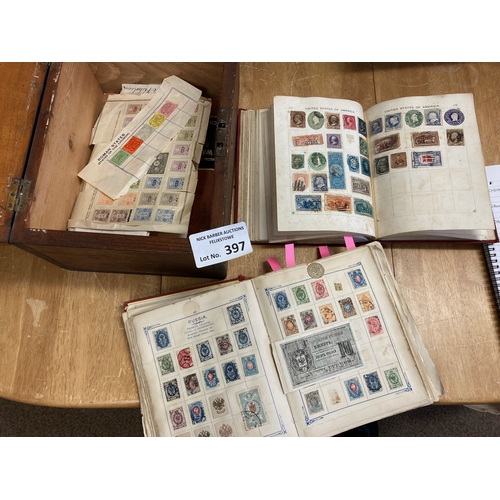 397 - Stamps : Wooden box full of old time material loose & 2 ancient excelsior albums