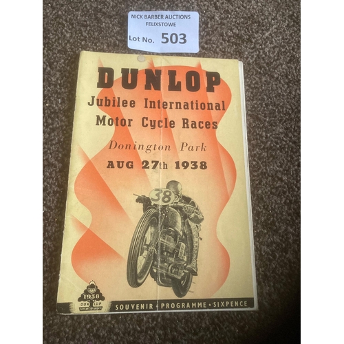 503 - Motor Cycling : Dunlop Jubilee Intl cycle races Donnington Park 27/08/1938 sl. creased cover but goo... 