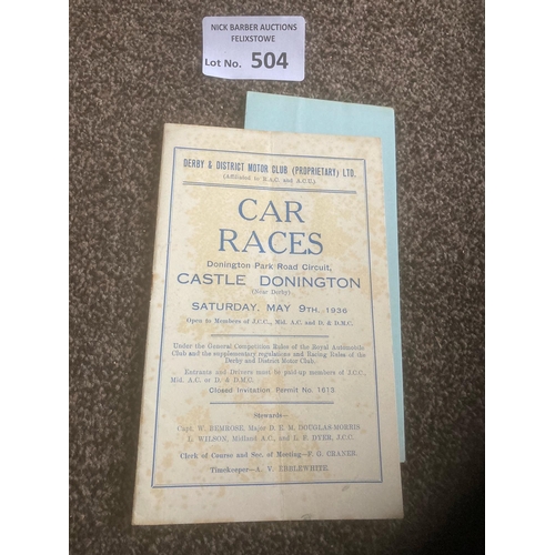 504 - Motor Racing : Castle Donington - car races meeting regulations & forms 09/05/1936