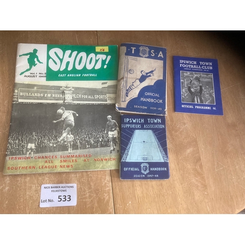 533 - Football : Ipswich Town handbooks 1939/40 (taped spine) 1947-8 & mag/prog