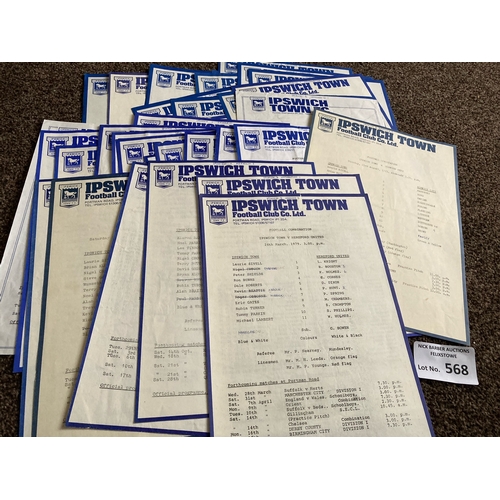 568 - Football : Ipswich Town reserve/combination & youth fixture single sheet programme cllxn  late 1970s... 