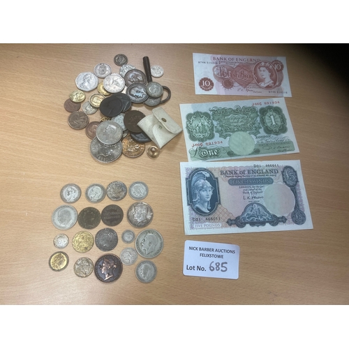 685 - Coins/Banknotes : Nice collection of old coins many old English plus old banknotes inc £5 L.K. OBrie... 