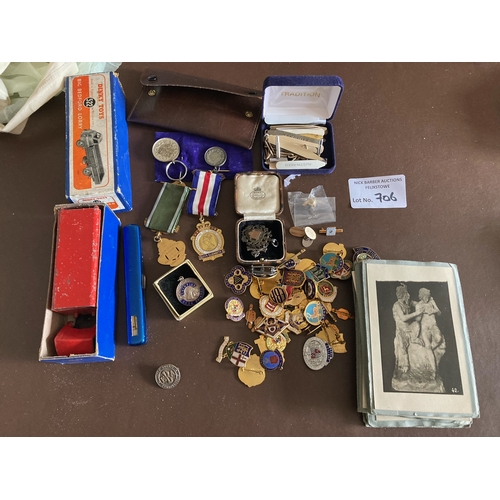 706 - Collectables : Badges - Masonic, Bowling, Sport etc mixed lot & cards & Dinky 522 but damaged cab