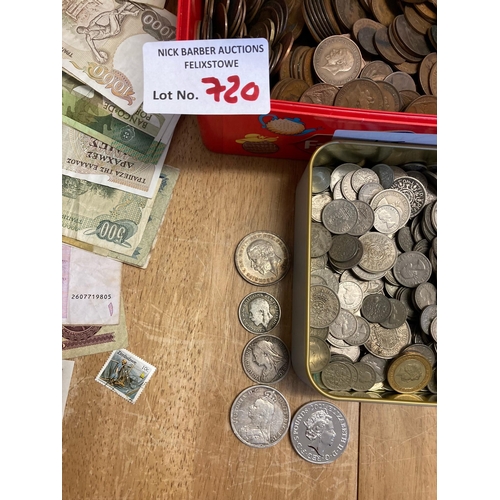 720 - Coins : Heavy collection of coins inc bronze/silver - some better items/foreign & tokens & banknotes... 