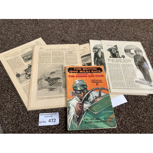 472 - Motor Racing : Brooklands - The British 1000 miles race programme 3/4 June 1932 iconic item, inc res... 